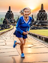 An elderly woman in a blue cheerleader uniform poses at Borobudur Indonesia