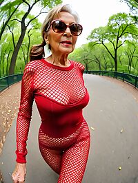 A frail yet seductive elderly woman poses in Central Park donning red fishnet and heels