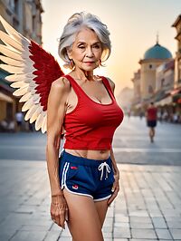 Elderly woman in red tank top poses with feathers on the city square at dawn