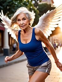 Elderly woman in red tank top poses with feathers on the city square at dawn