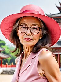 An elderly grandmother with wrinkled skin poses in outdoor pagoda at sunset