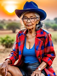 An elderly grandmother in Myanmar wears plaid leather coat red yoga pants at sunset