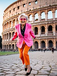 Elderly woman in pink suit poses at the Colosseum under twilight's dimming glow