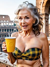 A 70 year old frail grandmother poses nude at the Colosseum in dawn light
